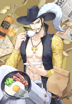1boy abs bacon beard black_hair bottle cafe closed_mouth coat coin commentary crossed_legs cup dracule_mihawk drinking_glass facial_hair food forked_eyebrows fried_egg hashtag-only_commentary hat_feather holding holding_cup looking_to_the_side male_focus mustache newspaper one_piece open_clothes open_coat short_hair solo symbol-only_commentary wine_bottle wine_glass yoshicha
