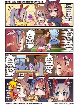 1boy 3girls animal_ears blush brown_hair candy_apple chocolate-covered_food chopsticks commentary ear_covers eating english_commentary english_text festival food grey_hair horse_ears horse_girl internet_(1_netnet) japanese_clothes kimono long_hair multiple_girls narita_taishin_(umamusume) notice_lines ponytail red_hair short_hair small_sweatdrop smile super_creek_(umamusume) takoyaki tamamo_cross_(umamusume) twitter_username umamusume yukata