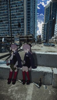 2girls :3 absurdres animal_ears black_shoes blue_cape blue_dress blue_sky bottle building can cape car cat_ears city clone cloud cloudy_sky commentary concrete day dress eating english_commentary escape_from_tarkov field_ration grey_hair hayasabro highres holding holding_can jaggy_lines kemonomimi_mode kneehighs lapwing_(vrchat) long_hair looking_at_another mary_janes motor_vehicle multiple_girls ponytail red_socks road ruins shoes short_dress sitting sitting_on_object sky skyscraper smile socks vrchat wide_shot