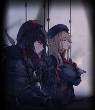 2girls beret black_hair blurry blurry_background bodystocking breasts brown_hair colored_inner_hair earrings emma_(nikke) emma_(tactical_upgrade)_(nikke) eunhwa_(nikke) eunhwa_(tactical_upgrade)_(nikke) game_cg goddess_of_victory:_nikke hat highres jacket jam_(nandade) jewelry large_breasts long_hair multicolored_hair multiple_girls necktie official_art on_swing open_clothes open_jacket purple_eyes red_necktie swing upper_body yellow_eyes