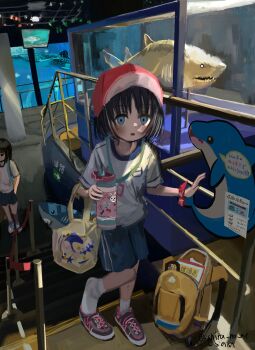 2girls absurdres aquarium backpack bag baseball_cap black_hair blue_eyes blue_shorts child female_focus hat highres holding indoors lanyard looking_at_viewer model multiple_girls open_mouth original railing shark shoes shorts sidelighting sign single_shoe socks stairs stuffed_animal stuffed_shark stuffed_toy thermos twitter_username wanigumo