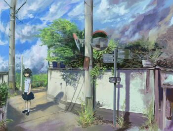 Rule 34 | 1girl, absurdres, black eyes, black hair, black shoes, black skirt, cloud, cloudy sky, collared shirt, commentary request, floating hair, grass, guard rail, highres, loafers, looking at viewer, meanstreet, original, outdoors, pleated skirt, power lines, retaining wall, road, road sign, scenery, shadow, shirt, shoes, short hair, short sleeves, sign, skirt, sky, socks, solo, standing, street, traffic mirror, tree, utility pole, white shirt, white socks, wide shot, wind