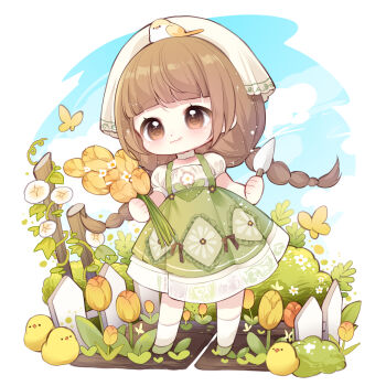 1girl :q absurdres animal animal_on_head apron baby_animal bare_arms bird bird_on_head blue_sky blunt_bangs border bouquet bow bow_apron braid brown_bow brown_eyes brown_hair bug bush butterfly chibi chick chinese_commentary choker closed_mouth cloud commentary_request dot_nose dress eyelashes fence floral_print flower garden gardening green_apron green_shoes happy headscarf highres holding holding_bouquet holding_shovel infinity_nikki insect kneehighs lace lace_choker light_blush light_particles long_hair looking_ahead loose_hair_strand low_twin_braids medium_dress nikki_(series) nuli_de_chengzhi_er on_head orange_flower pleated_dress print_apron print_dress puffy_short_sleeves puffy_sleeves shoes short_sleeves shovel sky smile socks solo spring_blossom_(infinity_nikki) standing tareme tongue tongue_out tulip twin_braids very_long_hair white_border white_choker white_dress white_flower white_headscarf white_socks yellow_butterfly yellow_flower