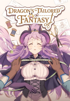 Rule 34 | 1boy, 1girl, absurdres, breasts, brown gloves, buttons, capelet, closed eyes, comiket 106, cover, crop top, cross-laced clothes, curled horns, dragon girl, dragon horns, dragon wings, elbow gloves, gloves, hair bun, highres, homare (princess connect!), horns, large breasts, long hair, lying, on back, parted lips, pointy ears, princess connect!, purple gloves, purple hair, purple horns, purple wings, qianlilingjiang, ribbed shirt, shirt, single hair bun, tape measure, vest, wings, yuuki (princess connect!)