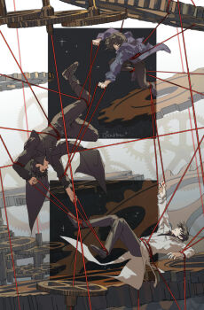 1girl 2boys black_coat black_hair cfeather8 clenched_hand coat entangled floating gears han_sooyoung highres hood hood_down hoodie kim_dokja knees_together_feet_apart knees_up multiple_boys omniscient_reader&#039;s_viewpoint open_clothes open_coat popped_collar puppet_strings purple_hoodie revealing_layer serious starry_sky_print string string_of_fate string_pull symbolism white_coat yoo_joonghyuk