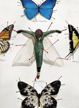 1girl black_pants blue_butterfly brown_hair bug butterfly butterfly_pin character_name coat framed_insect full_body green_coat head_down highres identity_v insect insect_pin insect_wings melly_plinius orange_butterfly pants solo t-pose white_butterfly wings y0luo7_iu