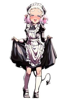 1boy apron clothes_lift demon_horns demon_tail flushed_cheeks heart heart-shaped_pupils horns maid maid_apron maid_headdress male_focus purple_eyes skirt skirt_lift symbol-shaped_pupils tail trap white_hair