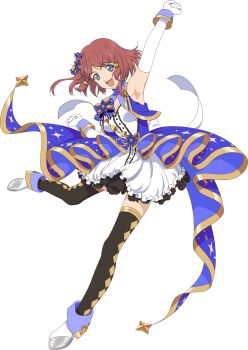 Rule 34 | 1girl, arm up, armpits, artist request, black thighhighs, blue dress, blue eyes, blue ribbon, breasts, dress, elbow gloves, full body, game cg, gloves, hair ornament, highres, idol, idol clothes, looking at viewer, medium breasts, official alternate costume, official art, open mouth, red hair, ribbon, rose (tales), shoes, short hair, smile, solo, standing, standing on one leg, tales of (series), tales of asteria, tales of zestiria, thighhighs, thighs, third-party source, transparent background, white dress, white gloves, white shoes