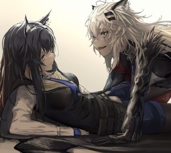 2girls absurdres animal_ears arknights black_gloves black_vest blue_gloves blue_hair blue_shorts closed_mouth etobane fangs fingerless_gloves gloves highres lappland_(arknights) long_hair messy multiple_girls open_mouth sharp_teeth shirt shorts smile teeth texas_(arknights) vest white_hair white_shirt