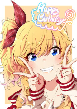 Rule 34 | 1girl, birthday, blonde hair, blue eyes, blush, border, bow, breasts, cheek pinching, collarbone, curly hair, dot nose, double v, fingernails, grin, hair bow, hands on own cheeks, hands on own face, happy birthday, high ponytail, highres, hitotsuki nanoka, idolmaster, idolmaster cinderella girls, jacket, jewelry, long fingernails, long hair, long sleeves, looking at viewer, nail polish, necklace, ohtsuki yui, pinching, plaid bow, ponytail, red nails, smile, solo, star (symbol), striped clothes, striped wrist cuffs, teeth, v, wavy hair, white border, white jacket, wrist cuffs