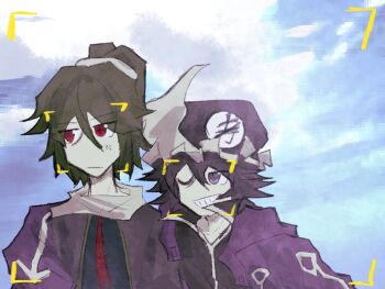 Rule 34 | 2others, adagumo no saragimaru, androgynous, anger vein, annoyed, black shirt, blue sky, capelet, chinese commentary, closed mouth, cloud, collared shirt, commentary request, day, eyes visible through hair, frilled headwear, frown, green hair, grin, hair between eyes, hair ornament, hair scrunchie, happy, hat, heads together, height difference, high collar, high ponytail, hood, hood down, hooded jacket, jacket, japanese clothes, len'en, long hair between eyes, looking to the side, mob cap, multiple others, neck ribbon, one eye closed, open clothes, open jacket, other focus, outdoors, ponytail, purple capelet, purple eyes, purple hat, purple jacket, red eyes, red ribbon, ribbon, scarf, scrunchie, selfie, shi tong, shirt, shitodo kuroji, short hair, short ponytail, sky, slit pupils, smile, split ponytail, triangular headpiece, upper body, viewfinder, white scarf, white scrunchie, zipper