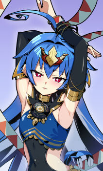 1girl ahoge armpits arms_up black_leotard blonde_hair blue_hair bracelet commentary_request covered_navel cutie_lupia dentosaginuma detached_sleeves duel_masters duel_masters_play's gold_bracelet hair_ornament jewelry leotard looking_at_viewer multicolored_hair purple_background purple_eyes solo star-shaped_pupils star_(symbol) symbol-shaped_pupils upper_body white_hair