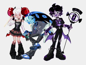 1girl alternate_costume aquamarine_cookie black_bow black_sapphire_cookie bow brooch candy_apple candy_apple_cookie candy_apple_hair_ornament cookie_run cookie_run:_kingdom dress eye_brooch food highres humanization jewelry looking_at_viewer michelin_(p0lo09) neck_ruff puffy_sleeves red_eyes shadow_milk_cookie short_hair smile white_hair