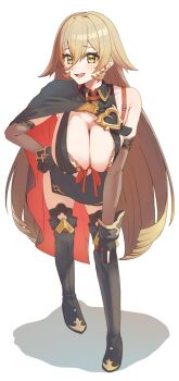 Rule 34 | 1girl, black boots, black cape, black dress, black gloves, blonde hair, blush, boots, bra, breasts, brown gloves, cape, cleavage, cleavage cutout, clothing cutout, collared dress, commentary, doidamon, dress, elbow gloves, fang, full body, gloves, hair between eyes, hand on own hip, hand on own knee, highres, huge breasts, layered gloves, leaning forward, long bangs, long hair, looking at viewer, nijisanji, nui sociere, nui sociere (1st costume), open mouth, partially fingerless gloves, red bra, red cape, shadow, short dress, side cape, simple background, single bare shoulder, skin fang, sleeveless, sleeveless dress, smile, solo, standing, thigh boots, two-sided cape, two-sided fabric, underwear, very long hair, virtual youtuber, white background, yellow eyes