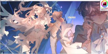 1boy 1girl bishounen blonde_hair dancing dress english_text epaulettes flower formal_clothes hair_between_eyes hair_flower hair_ornament halo head_rest highres holding holding_hands jewelry liulianjingrua long_hair long_sleeves multiple_boys original pants ponytail sash shirt short_hair smile thighhighs white_dress white_flower white_pants