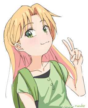 Rule 34 | 1girl, :3, backpack, bag, closed mouth, collarbone, commentary, green eyes, green shirt, highres, light blush, long hair, looking at viewer, ruri no houseki, shirt, simple background, solo, space ruruke, tanigawa ruri, upper body, v, white background