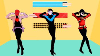 3boys batman_(series) belt black_hair black_pants bodysuit boots brothers cape chopsticks dancing dc_comics dick_grayson domino_mask eye_mask family gloves helmet holster houndstooth jacket jason_todd k-pop male_focus mask multiple_boys nightwing orange_caramel pants parody red_hood red_hood_(dc) red_robin siblings tim_drake