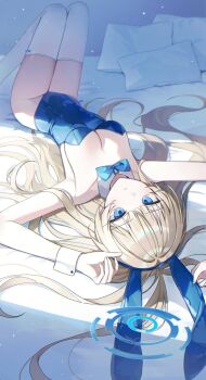 Rule 34 | 1girl, absurdres, animal ears, aqua bow, aqua bowtie, bare shoulders, blonde hair, blue archive, blue eyes, blue hairband, blue halo, blue leotard, blush, bow, bowtie, breasts, cleavage, closed mouth, commentary request, detached collar, fake animal ears, hairband, halo, highleg, highres, large breasts, leotard, long hair, looking at viewer, lying, moka 01, official alternate costume, on back, on bed, playboy bunny, rabbit ears, solo, strapless, strapless leotard, thighhighs, toki (blue archive), toki (bunny) (blue archive), white thighhighs, white wrist cuffs, wrist cuffs