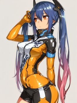 Rule 34 | 1girl, blue hair, bodysuit, breasts, commentary request, gloves, hair between eyes, headgear, highres, long hair, looking at viewer, medium breasts, multicolored hair, nullhachinpo, phantasy star, phantasy star online 2, quna (pso2), red eyes, skin tight, solo, twintails, yellow bodysuit