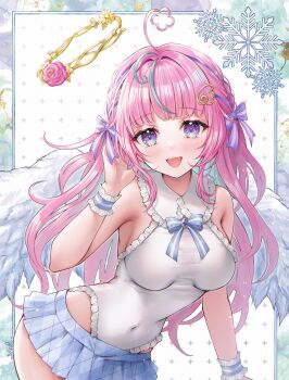 1girl ahoge angel blue_hair bow breasts colored_inner_hair commentary_request commission covered_navel frilled_leotard frills halo highres leotard long_hair looking_at_viewer medium_breasts miniskirt mirukurim multicolored_hair pink_hair powari_poachi purple_bow purple_eyes skeb_commission skirt solo streaked_hair virtual_youtuber wactor_production