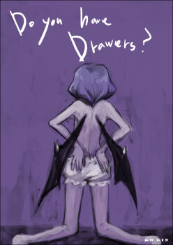 Rule 34 | 1girl, back, barefoot, bat wings, bloomers, english text, female focus, from behind, kneeling, monochrome, purple hair, purple theme, remilia scarlet, short hair, sketch, solo, tima, topless female, touhou, underwear, white bloomers, wings