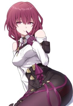 1girl breasts chest_harness clothing_cutout commentary_request finger_to_mouth gloves hair_between_eyes harness highres honkai:_star_rail honkai_(series) kafka_(honkai:_star_rail) long_hair long_sleeves pantyhose purple_eyes purple_gloves purple_hair purple_pantyhose shirt shorts shoulder_cutout smile solo spider_web_print white_background white_shirt yamichi_(yamichi8369)