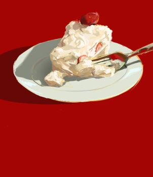 Rule 34 | aritsuno, cake, commentary request, cream, food, food focus, fork, fruit, no humans, original, plate, red background, simple background, still life, strawberry