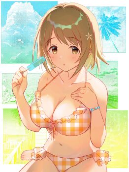 Rule 34 | 1girl, :o, absurdres, bare shoulders, bikini, blush, bracelet, breasts, brown eyes, brown hair, checkered bikini, checkered clothes, cleavage, collarbone, flower, food, frilled bikini, frills, hair flower, hair ornament, highres, holding, holding food, holding popsicle, idolmaster, idolmaster cinderella girls, jewelry, large breasts, mimura kanako, nanananananasea, navel, orange bikini, popsicle, short hair, solo, swimsuit, thighs, white bikini