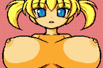 1girl blonde_hair blue_eyes breasts dithering female_focus huge_breasts leaning_back looking_at_viewer miyata_gakuman nipples nude original pixel_art short_twintails solo translated twintails upper_body warioware_diy