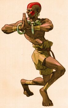 Rule 34 | 1boy, bald, barefoot, bengus, capcom, dark skin, dhalsim, earrings, facepaint, game cg, highres, jewelry, marvel, marvel vs. capcom, marvel vs. capcom 2, muscular, necklace, no pupils, non-web source, official art, own hands together, scan, skull necklace, solo, street fighter, wrist wrap