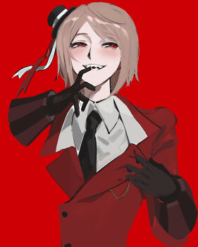1boy axis_powers_hetalia black_gloves blending blonde_hair clutching_clothes collared_shirt finger_in_own_mouth formal_clothes gloves grin hat hat_ribbon highres kaminai404 light_blush mini_hat monochrome_background necktie red_background red_eyes red_suit red_theme ribbon romania_(hetalia) sharp_teeth shirt short_hair simple_background smile solo striped_clothes striped_wrist_cuffs suit teeth upper_body wrist_cuffs