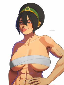 Rule 34 | 1girl, abs, artist name, avatar: the last airbender, avatar legends, black hair, blind, breasts, chest sarashi, cleavage, closed mouth, collarbone, commentary, drawink, earrings, green hairband, grey eyes, hair between eyes, hairband, hand on own hip, highres, jewelry, large breasts, looking at viewer, muscular, muscular female, navel, sarashi, simple background, smile, solo, star (symbol), tongue, tongue out, toph beifong, upper body, white background