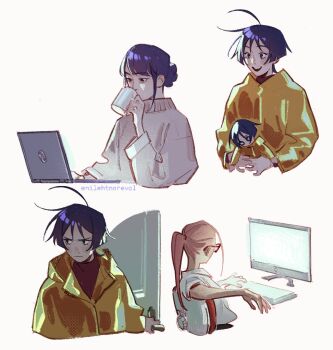 1boy 2girls against_chair aged_down ahoge alternate_hairstyle artist_name back black_eyes blue_hair blunt_ends button_eyes buttons cat-shaped_eyewear chair character_doll child collared_shirt commentary computer computer_keyboard coraline_(movie) coraline_jones coraline_jones_(cosplay) cosplay cropped_arms cropped_torso cup doll door drinking english_commentary enilehtnorevol glaring halftone happy highres holding holding_cup holding_doll hood hood_down implied_yuri laptop looking_at_another looking_to_the_side monitor multiple_girls on_chair open_mouth oversized_sweater parent_and_child parted_bangs purple_eyes raiden_shogun raincoat red-framed_eyewear red_sweater scaramouche_(genshin_impact) shirt sleeves_rolled_up sweater teeth typing upper_teeth_only very_low_bun white_background white_shirt white_sweater wolf_cut yae_miko yellow_raincoat