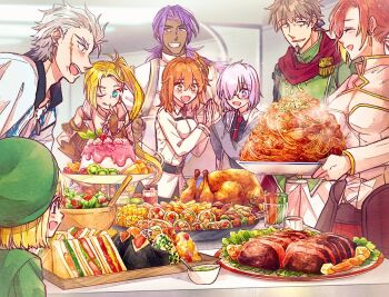 3boys 5girls beret bhima_(fate) blonde_hair boudica_(fate) breasts brown_hair cake calamity_jane_(fate) cleavage dark-skinned_male dark_skin earrings facial_hair facial_scar fate/grand_order fate_(series) feast fingerless_gloves food fujimaru_ritsuka_(female) glasses gloves goatee grey_hair hat hector_(fate) jewelry licking_lips long_hair masaki_(star8moon) mash_kyrielight meat meatball multiple_boys multiple_girls nagakura_shinpachi_(fate) one_eye_closed onigiri orange_hair pasta paul_bunyan_(fate) purple_hair red_hair salad sandwich scar scar_on_cheek scar_on_face side_ponytail spaghetti spaghetti_and_meatballs sparkling_eyes stud_earrings tongue tongue_out