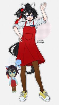 1girl alternate_costume animal_ears apron arm_up black_hair blue_eyes blush brown_pantyhose commentary_request ear_covers game_screenshot_inset hair_between_eyes hair_ornament hand_on_own_hip highres horse_ears horse_girl horse_tail katsuragi_ace_(umamusume) long_hair looking_at_viewer multicolored_hair name_tag open_mouth pantyhose ponytail red_apron saramiao-chan screenshot_inset shirt shoes short_sleeves smile streaked_hair tail tassel tassel_hair_ornament tomodachi_life tomodachi_life:_living_the_dream umamusume white_hair white_shirt