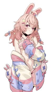 1girl agemmata ahoge animal_ears bandeau bare_shoulders blue_background bow braid breasts clothes_pull collarbone commentary cowboy_shot english_commentary frilled_bandeau frilled_shorts frills hair_between_eyes hair_bow hair_ornament hairclip heart heart_background heart_hair_ornament highres jacket long_hair long_sleeves looking_at_viewer medium_breasts navel off_shoulder open_clothes open_jacket outline phase_connect pink_bandeau pink_hair pink_shorts pipkin_pippa pipkin_pippa_(1st_costume) rabbit_ears rabbit_girl rabbit_hair_ornament red_eyes revision shorts shorts_pull simple_background smile solo star_(symbol) star_hair_ornament stomach stuffed_animal stuffed_rabbit stuffed_toy transparent_background twin_braids underboob virtual_youtuber white_outline