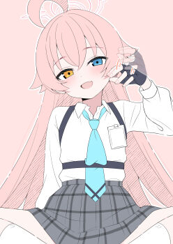 1girl absurdres ahoge black_gloves black_skirt blue_archive blue_eyes blue_necktie collared_shirt commentary_request fang fingerless_gloves gloves halo heterochromia highres hoshino_(blue_archive) kneehighs long_hair long_sleeves looking_at_viewer mistel_(sukebemistel) necktie open_mouth pink_hair pink_halo plaid_clothes plaid_skirt puffy_long_sleeves puffy_sleeves shirt sitting skin_fang skirt socks solo spread_legs white_shirt white_socks yellow_eyes