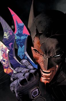 1boy batarang batman batman_(series) black_gloves blood blood_from_mouth broken_mask close-up dan_mora dc_comics facial_hair gloves highres holding looking_at_viewer mask open_mouth red_eyes solo_focus stubble teeth