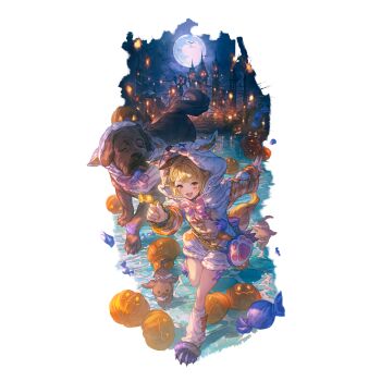 1girl 3others :d animal_bag animal_ears animal_hood blonde_hair breasts brown_eyes candy capelet castle cat_bag dog dog_ears dog_girl erune food full_moon fur-trimmed_capelet fur_trim granblue_fantasy halloween halloween_costume happy holding holding_candy holding_food hood hood_up jack-o&#039;-lantern lantern leg_warmers looking_at_viewer minaba_hideo moon multiple_others night night_sky official_alternate_costume official_art onesie open_mouth paw_print paw_shoes pink_ribbon plaid_clothes plaid_sleeves puffy_shorts pumpkin ribbon short_hair shorts sky small_breasts smile solo_focus star_(sky) starry_sky thighs transparent_background vajra_(granblue_fantasy) water white_hood white_shorts