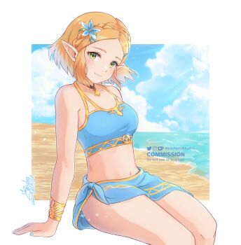 1girl absurdres alternate_costume beach bikini blonde_hair blue_bikini blue_flower blue_nails breasts cloud collarbone commentary commission english_commentary fingernails flower gold_trim hair_flower hair_ornament highres jewelry nail_polish nintendo pendant pochamastudios pointy_ears princess_zelda secret_stone signature sitting solo stomach swimsuit the_legend_of_zelda the_legend_of_zelda:_tears_of_the_kingdom water