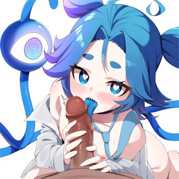 1boy 1girl ahoge blue_eyes blue_hair blue_necktie blue_tongue blush colored_tongue commentary english_commentary fellatio flat_chest heart heart-shaped_pupils hetero highres indie_virtual_youtuber licking licking_penis loli long_necktie long_sleeves looking_at_viewer loose_necktie mittydotx_(vtuber) necktie nipples nude oral penis pov pov_crotch sharp_teeth shirt short_hair simple_background solo_focus symbol-shaped_pupils teeth thick_eyebrows tongue tongue_out uncensored virtual_youtuber white_background white_shirt yuyu5x