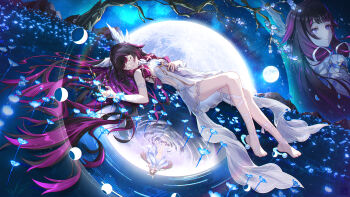 Rule 34 | 1girl, absurdres, barefoot, black hair, closed eyes, columbina (genshin impact), commentary request, dress, full moon, genshin impact, highres, long hair, lying, moon, moon phases, multicolored hair, multiple views, on back, purple eyes, purple hair, toes, tongyu, two-tone hair, very long hair, white dress