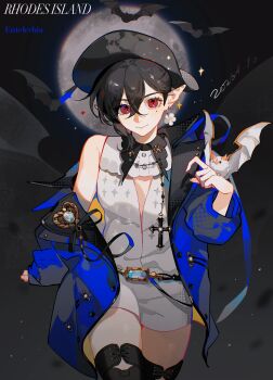 Rule 34 | 1girl, absurdres, animal, animal on hand, arknights, bare shoulders, bat (animal), belt, black hair, black hat, black thighhighs, blue jacket, breasts, brooch, buttons, center opening, character name, chinese commentary, commentary request, cowboy shot, cross, cross necklace, crossed bangs, dated, entelechia (arknights), entelechia (dazzling blue) (arknights), hair between eyes, hand up, hat, heart, heart brooch, highres, jacket, jacket partially removed, jewelry, looking at viewer, mole, mole under eye, moon, necklace, pointy ears, procreate (medium), red eyes, romper, small breasts, smile, solo, thighhighs, white romper, youxing luoxuan
