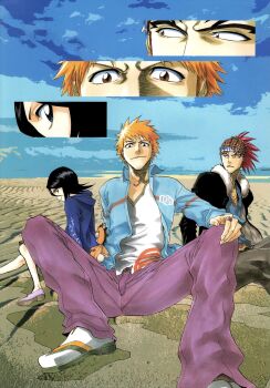 1girl 2boys abarai_renji black_hair bleach breasts brown_eyes closed_mouth collarbone fur_trim headband jacket kon_(bleach) kubo_tite kuchiki_rukia kurosaki_ichigo looking_at_viewer medium_hair multiple_boys official_art orange_hair pants ponytail red_hair sand second-party_source shirt shoes short_hair sitting sky small_breasts smile spiked_hair stuffed_animal stuffed_lion stuffed_toy