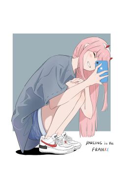 absurdres alternate_costume apple_logo blush border casual cellphone closed_eyes commentary darling_in_the_franxx denim denim_shorts full_body highres holding holding_phone horns iphone long_hair mirror_selfie nike_(company) phone pink_hair red_horns selfie shadow shirt shoes short_shorts shorts simple_background smartphone smile squatting straight_hair t-shirt taking_picture teeth untranslatable_commentary user_tsmy3838 white_border white_hair white_shoes zero_two_(darling_in_the_franxx)