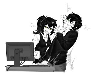 1boy 1girl adam&#039;s_apple ahoge aierlaobo andrew_graves anger_vein angry antenna_hair breasts bright_pupils collarbone collared_shirt commentary computer computer_keyboard cropped_legs cup desk double-parted_bangs english_commentary fang green_eyes greyscale hair_between_eyes hand_on_another&#039;s_cheek hand_on_another&#039;s_face hand_up high_contrast high_ponytail highres holding holding_cup jewelry long_sleeves looking_at_another looking_at_screen medium_hair meta monochrome mother_and_son motion_blur motion_lines necklace one_eye_closed open_mouth ponytail puffy_long_sleeves puffy_sleeves renee_graves shirt short_hair simple_background small_breasts spot_color sweater sweater_vest teeth the_coffin_of_andy_and_leyley upper_teeth_only v-shaped_eyebrows white_background