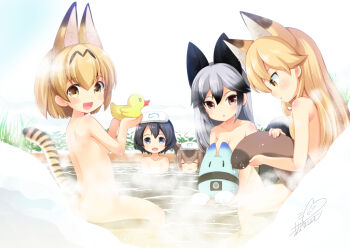 10s 5girls :d :o animal_ears azuma_yuki bad_id bad_pixiv_id capybara_(kemono_friends) convenient_censoring ezo_red_fox_(kemono_friends) fox_ears fox_girl fox_tail japari_symbol kemono_friends lucky_beast_(kemono_friends) multiple_girls nude onsen open_mouth partially_submerged rubber_duck same-sex_bathing serval_(kemono_friends) serval_tail shared_bathing silver_fox_(kemono_friends) smile steam steam_censor striped_tail tail towel towel_on_head water