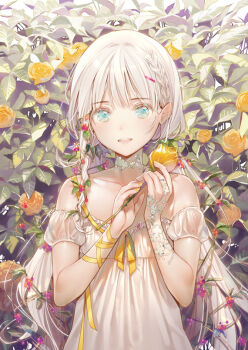 1girl aqua_eyes bare_shoulders braid choker detached_sleeves dress dsmile eyebrows female_focus flat_chest flower food frilled_dress frills fruit hair_ornament hair_vines hairclip henna holding holding_flower leaf long_hair looking_at_viewer low_twintails nail_polish original plant revision ribbon rose side_braid solo strapless strapless_dress twintails upper_body vines white_dress white_hair wrist_ribbon yellow_flower yellow_nails yellow_ribbon yellow_rose