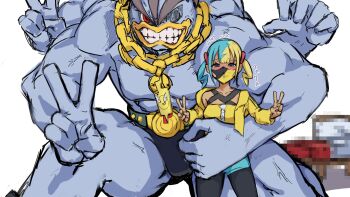 1girl black_mask blonde_hair blue_hair canari_(pokemon) collarbone criss-cross_halter crop_top extra_arms gen_1_pokemon gen_4_pokemon halterneck highres jacket jewelry machamp mask midriff mouth_mask multicolored_hair muscular navel necklace nintendo perrone405 pokemon pokemon_(creature) pokemon_legends:_z-a rotom rotom_phone short_twintails smile split-color_hair twintails two-tone_hair two-tone_mask v yellow_jacket yellow_mask