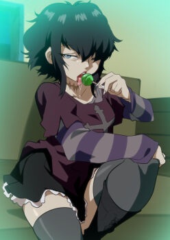 1girl black_hair black_lagoon black_skirt black_thighhighs blue_eyes candy food frederica_sawyer goth_fashion highres holding holding_candy holding_food holding_lollipop jcm2 licking lollipop long_sidelocks long_sleeves scar scar_on_neck short_hair sidelocks sitting skirt solo thighhighs